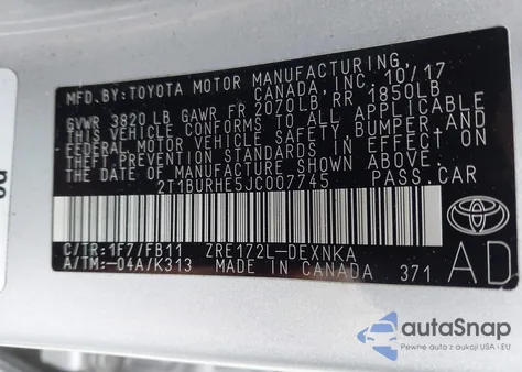 2018 Toyota Corolla Le from USA, damaged, VIN 2T1BURHE5JC007745